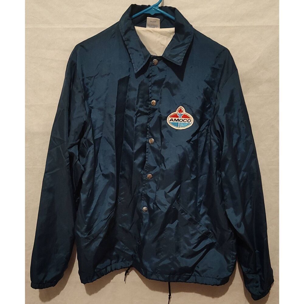AMOCO UNITOG Nylon Windbreaker Garage Jacket L Blue Mechanic USA VINTAGE RARE